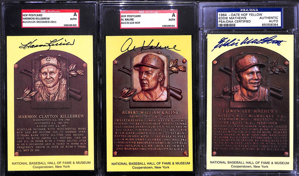 Lot of 3 - Hall of Fame Autographed Plaque Cards - Killebrew, Kaline, Mathews - SGC & PSA/DNA