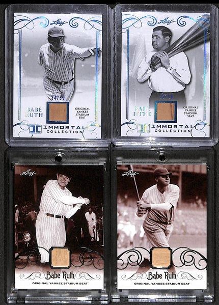 Lot of (4) Leaf Babe Ruth Baseball Cards w/ Original Pieces of Yankee Stadium Seats