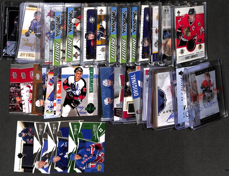 Lot of Over (50) Hockey Certified Autograph or Jersey Relic Cards (Inc. a Bob Clarke Ice Scripts Card)