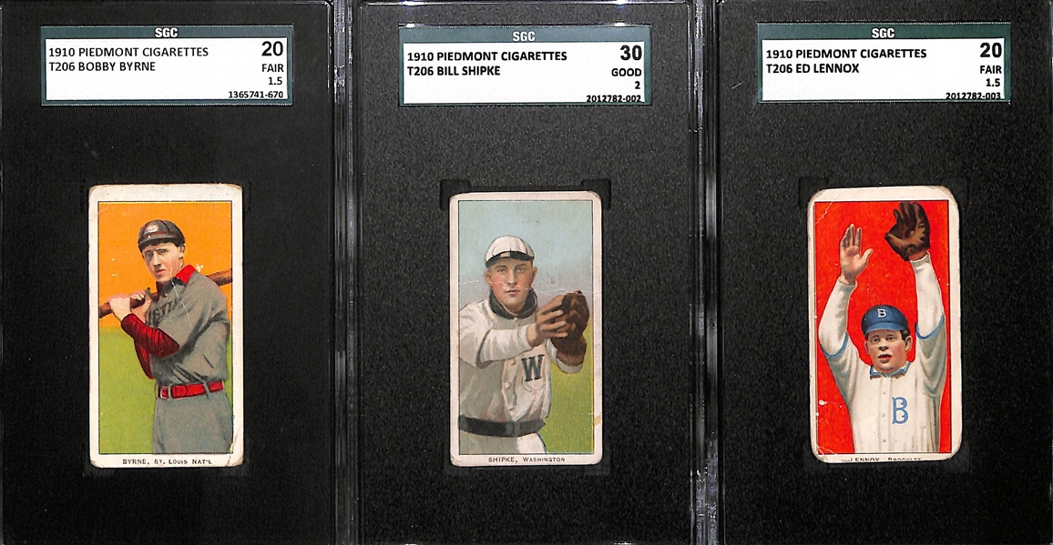 Lot of 3 - 1910 Piedmont Back T206 Cards - Byrne, Shipke, Lennox - SGC