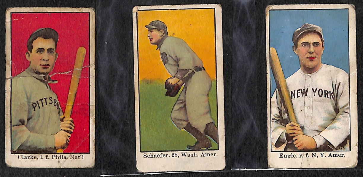 Lot of 3 1909-11 E90-1 American Caramel Baseball Cards - Fred Clarke (Philadelphia National), Clyde Engle, & Germany Schaefer