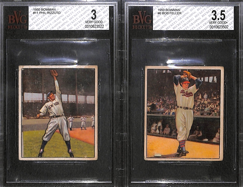 Lot of 2 - 1950 Bowman Baseball Cards - #11 Phil Rizzuto & #6 Bob Feller - BVG