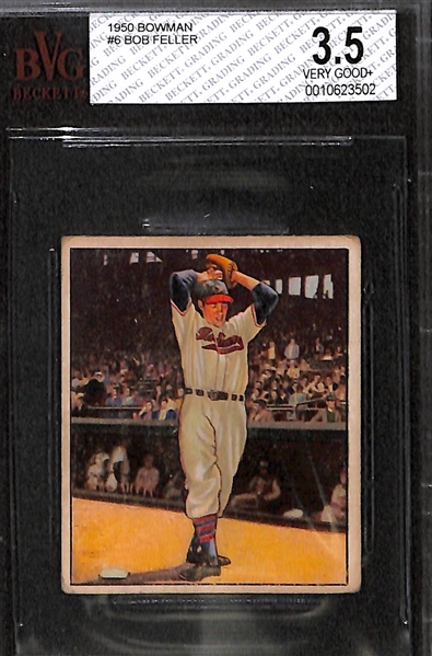 Lot of 2 - 1950 Bowman Baseball Cards - #11 Phil Rizzuto & #6 Bob Feller - BVG