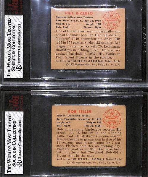 Lot of 2 - 1950 Bowman Baseball Cards - #11 Phil Rizzuto & #6 Bob Feller - BVG