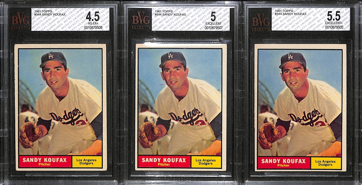 Lot of (3) Graded 1961 Topps Sandy Koufax Cards (BVG 5.5, BVG 5, and BVG 4.5)