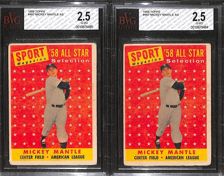 Lot of 2 - 1958 Topps Mickey Mantle All Star Cards - Both BVG 2.5