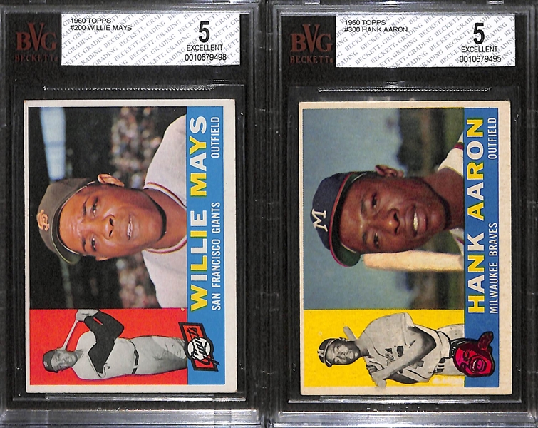 Lot of 2 - 1960 Topps Baseball Cards - Hank Aaron & Willie Mays - Both BVG 5
