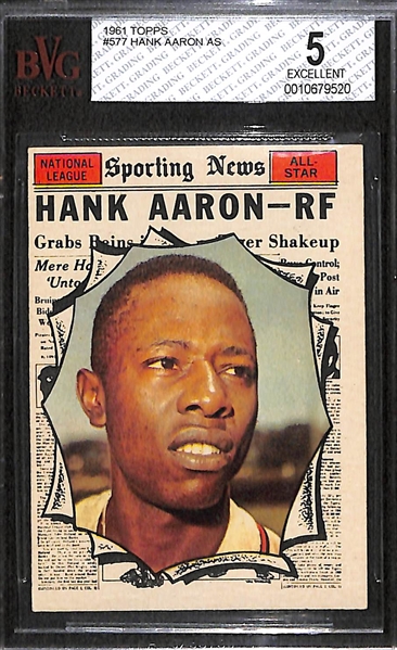 Lot of 2 - 1961 Topps Baseball Cards - Hank Aaron AS & Ernie Banks AS - BVG 5 & 4