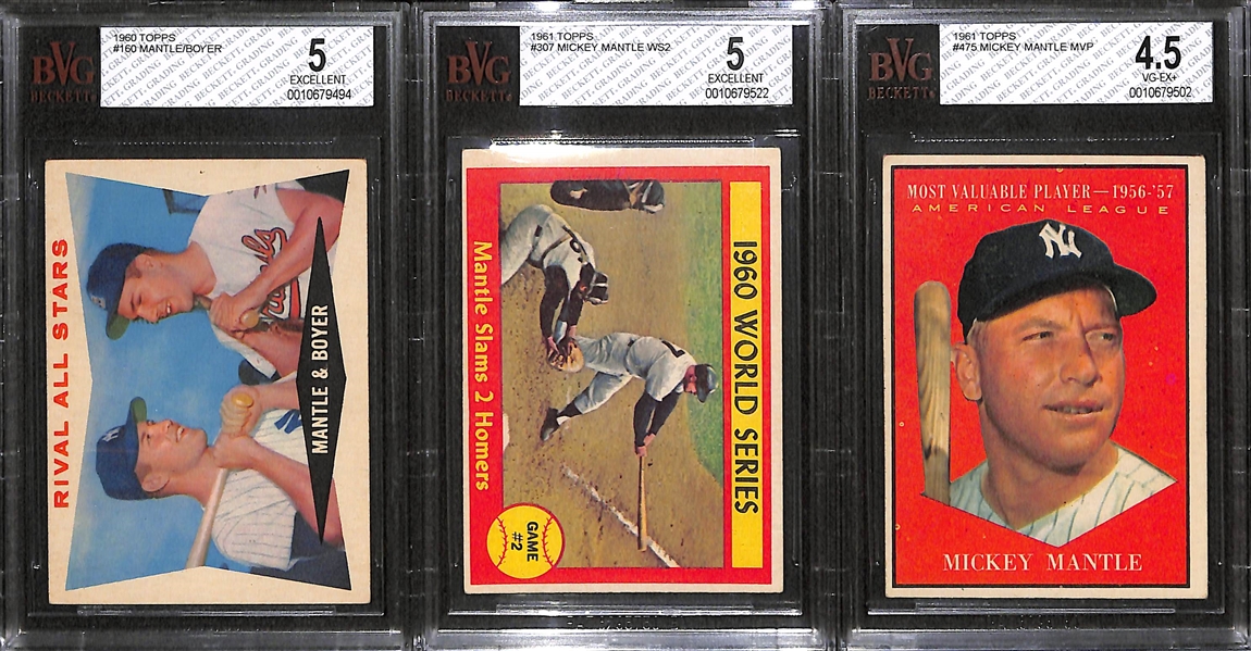Lot of 3 - 1960-61 Topps Baseball Cards w. Mickey Mantle - BVG 5 & 4.5