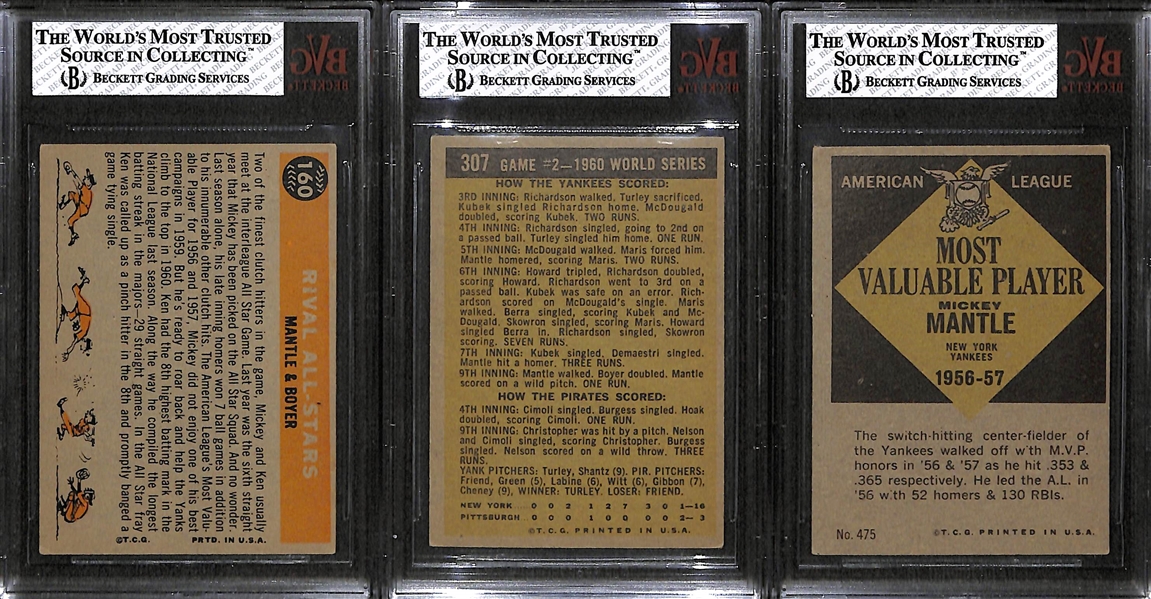 Lot of 3 - 1960-61 Topps Baseball Cards w. Mickey Mantle - BVG 5 & 4.5