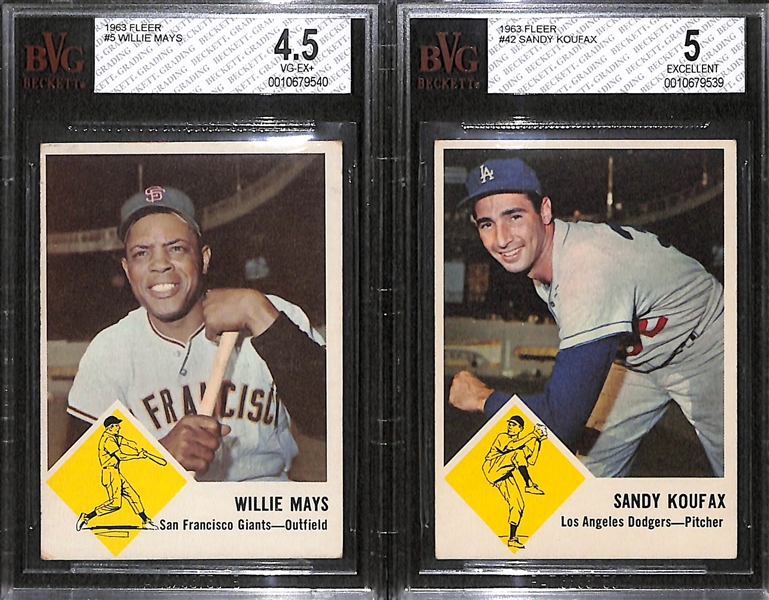 Lot of 2 - 1963 Fleer Willie Mays & Sandy Koufax Cards - BVG
