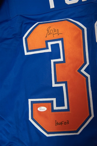 Lot of 2 Grant Fuhr Signed Replica Oilers Hockey Jerseys - Dark Blue & Throwback Style Jersey (JSA)