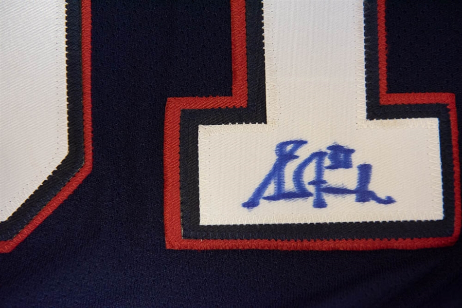 Lot of 2 Grant Fuhr Signed Replica Oilers Hockey Jerseys - Dark Blue & Throwback Style Jersey (JSA)
