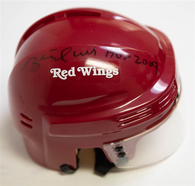 Brett Hull Signed & Inscribed Red Wings Mini Helmet - JSA