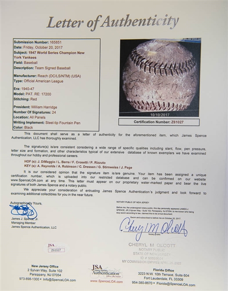 1947 New York Yankees Team Signed Baseball (World Series Champions) w/ 4 HOFers inc. DiMaggio (JSA LOA) - 24 Signatures