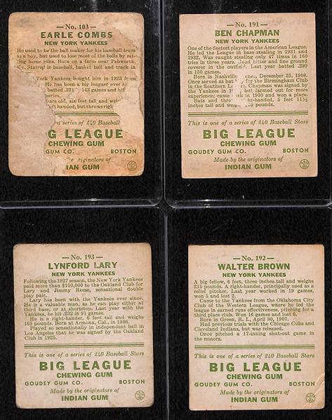 Lot of 4 - 1933 Goudey Baseball Cards w. Earl Combs