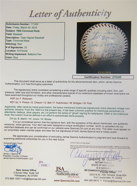 1960 Cincinnati Reds Team Signed Baseball with 23 Signatures inc. Frank Robinson (JSA LOA)