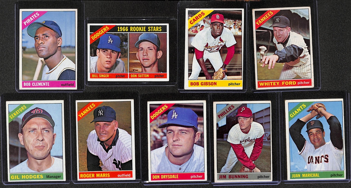 Lot of 9 - 1966 Topps Baseball Cards w. Roberto Clemente