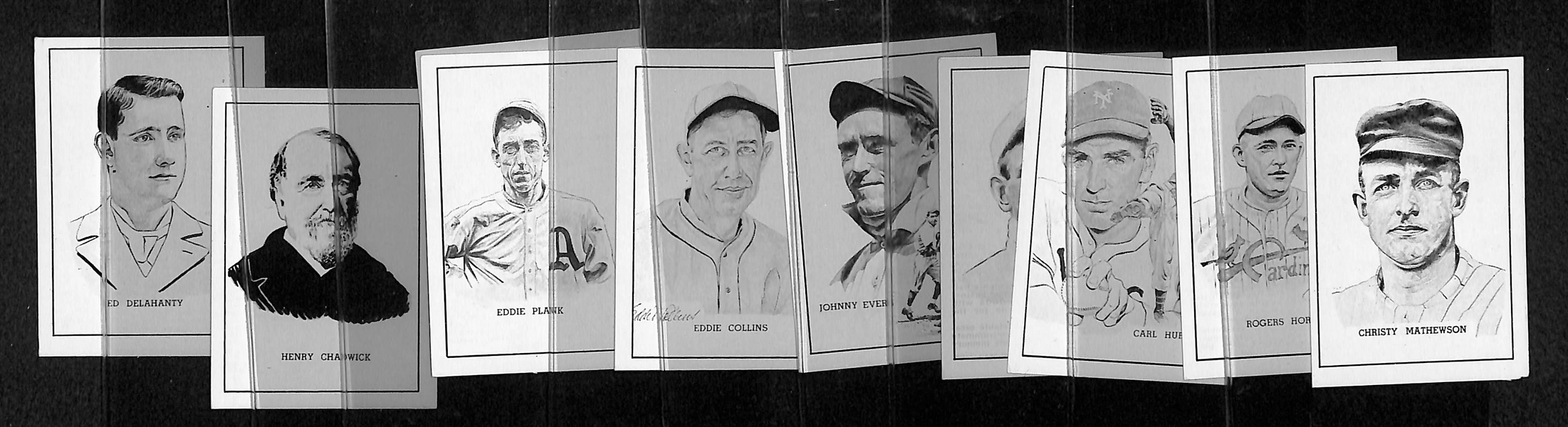 (10) High-Grade 1950 Callahan HOF Cards w/ Mathewson, Hornsby, Hubbell, Waddell, Evers, Collins, Plank, Kelly, Chadwick, and Delahanty.