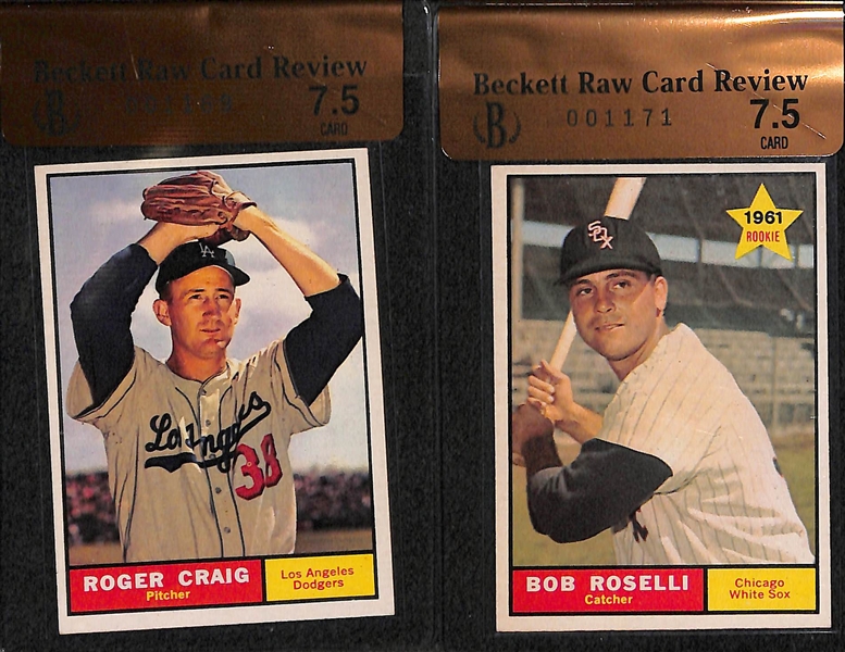 Lot of 7 - 1961 Graded High Number Topps Baseball Cards w. Roger Craig BVG 7.5