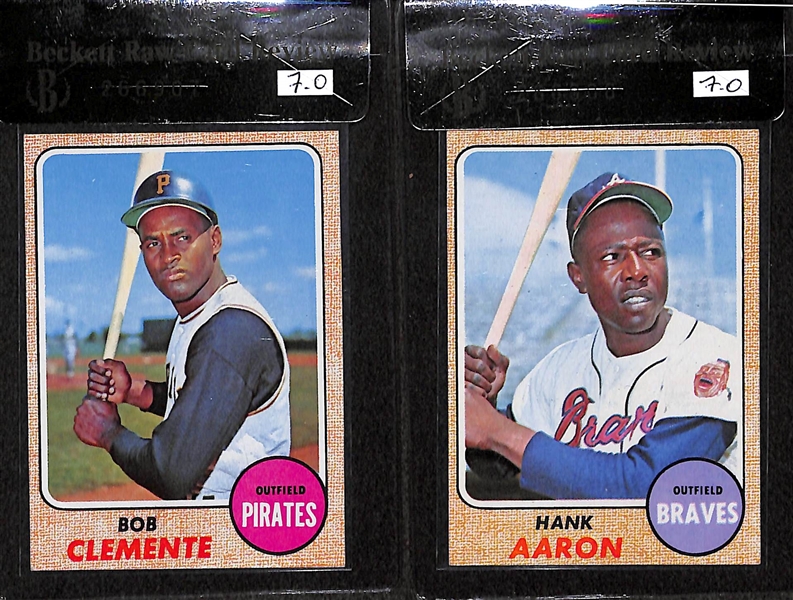 Lot of 2 1968 Topps Baseball Cards - Roberto Clemente & Hank Aaron - Both BVG 7.0