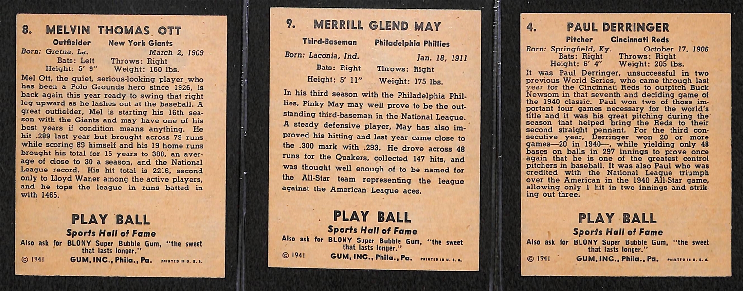 Lot of 3 - 1941 Play Ball Baseball Cards w. Mel Ott