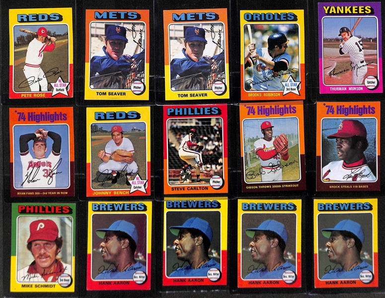 Lot of 1500+ Assorted 1975 Topps Baseball Cards w. Hank Aaron