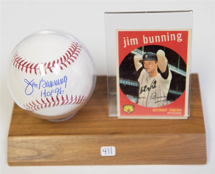  Jim Bunning Autograph Baseball Display w. 1959 Topps Baseball Card - JSA