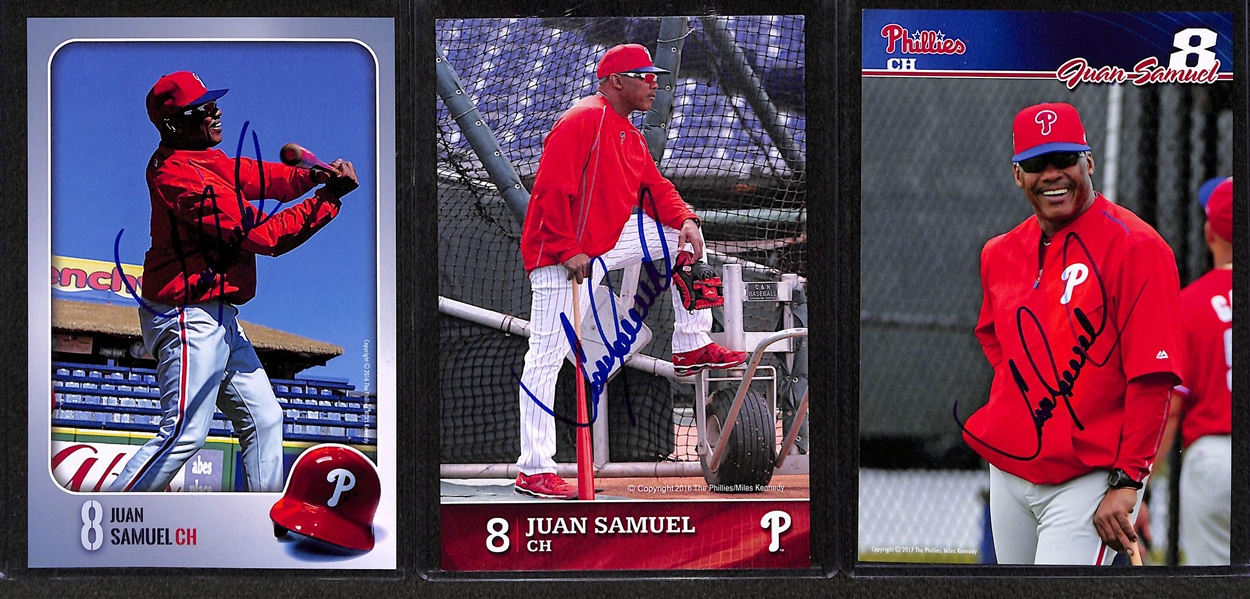 Lot of 30 Juan Samuel Signed Phillies 4x6 Team Issued Photo Cards