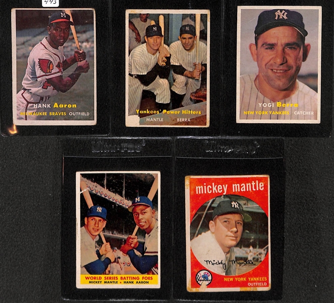 Lot of 5 Topps Hall of Famer Baseball Cards - 1957-59 w. Aaron, Mantle, & Berra
