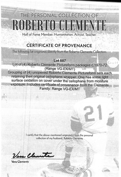 1970-72 Roberto Clemente Pictureform Pack Which Came Directly From Clemente's Family (Comes with Copy of the letter of provenance from Roberto's Wife Vera) 