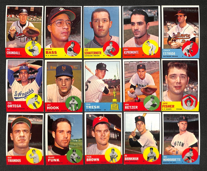 Lot of 62 Different 1963 Topps Baseball Mid-High Number Cards w. Curt Flood