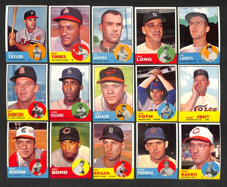 Lot of 62 Different 1963 Topps Baseball Mid-High Number Cards w. Curt Flood