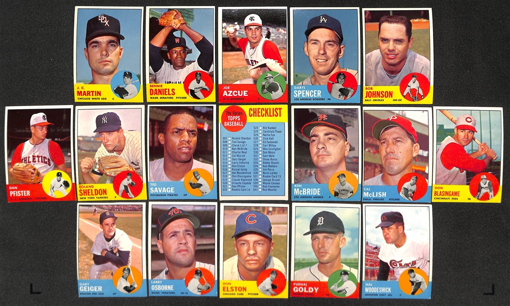 Lot of 62 Different 1963 Topps Baseball Mid-High Number Cards w. Curt Flood