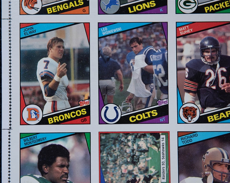 Set of 3 - 1984 Topps Football Uncut Sheets (Complete Set) w. Marino & Elway Rookie Cards - Well Preserved in EX+ to NM Condition