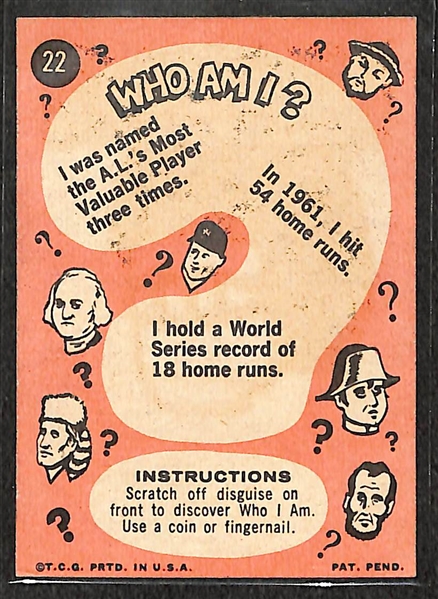 1967 Topps Who Am I? Mickey Mantle (#22) Baseball Card (Scratched)