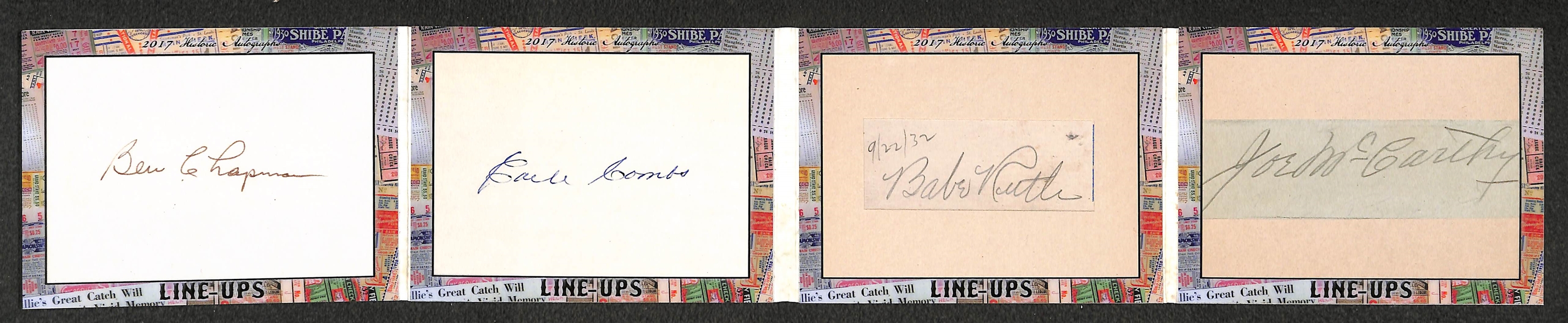 2017 Historic Autographs Line-Ups Booklet Card w/ an Exceptional Babe Ruth Autograph #ed 1/2 (Also includes Joe McCarthy, Earle Combs, and Ben Chapman)