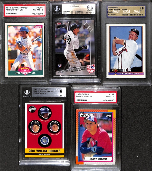 Lot of 20+ Graded Baseball Cards w. Many Rookies including Aaron Judge, Griffey Jr., McGuire, Ichira, Larry Walker, Chipper Jones - Gem Mint