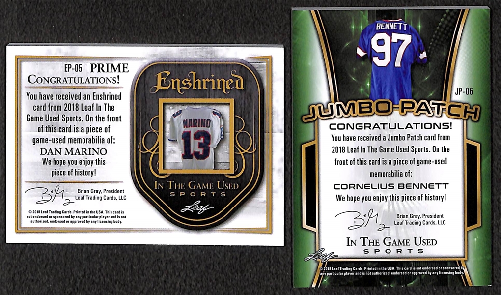 Lot of 2 - 2018 Leaf In The Game Used Dan Marino (#2/4) & Cornelius Bennett (#5/6) Jersey Patch Relic Cards