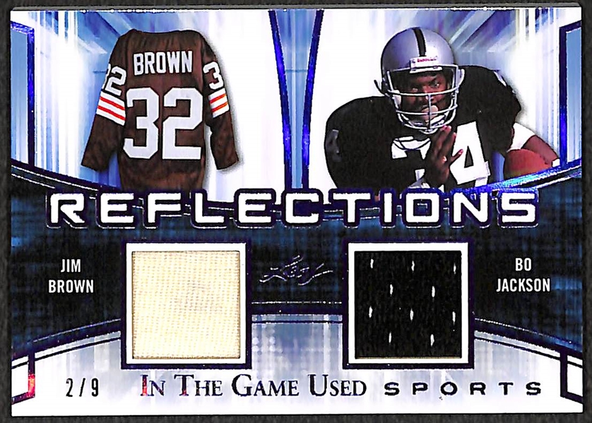 Lot of 2 - 2018 Leaf In The Game Used Troy Aikman (#4/9) & Jim Brown/Bo Jackson (#2/9) Jersey Relic Cards