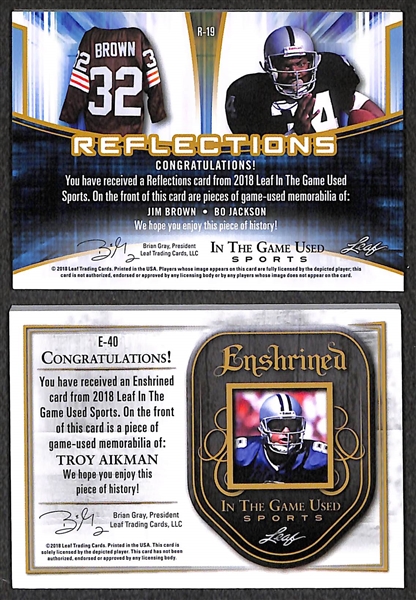 Lot of 2 - 2018 Leaf In The Game Used Troy Aikman (#4/9) & Jim Brown/Bo Jackson (#2/9) Jersey Relic Cards