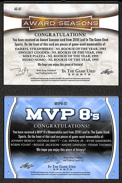 Lot of 2 - 2018 Leaf In The Game Used MVP Card (8-Piece Relic Card of 8 MVPs/HOFers) #5/15 & Award Seasons w. Piazza Patch (#3/9) Jersey Relic Cards