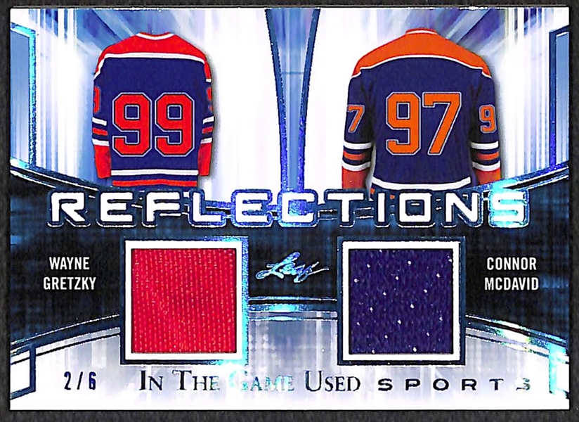 Connor McDavid & Wayne Gretzky 2018 Leaf In The Game Used Jersey Relic Card #2/6