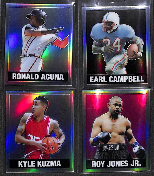Lot of 4 - 2018 Leaf Originals Metal Cards w. Earl Campbell #6/7, Roy Jones Jr #4/10, Ronald Acuna Rookie, & Kyle Kuzma