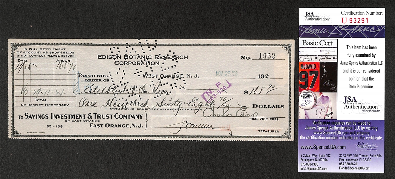 Charles Edison Signed Edison Botanic Research Corporation Check - Son of Thomas Edison - Autograph - JSA