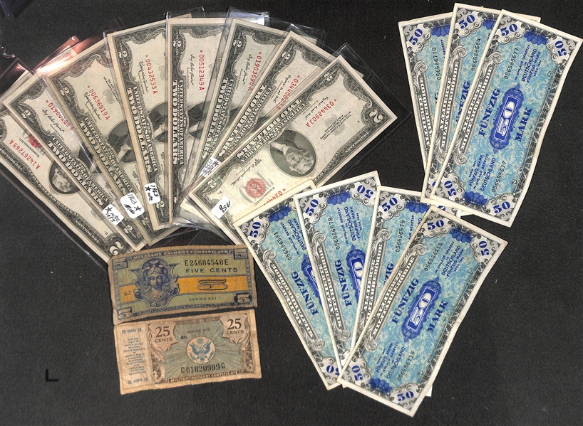 Lot of Paper Money - Inc. (8) 1953 Red Seal $2 Dollar Bills; (2) Military Payment Certificates; (5) Germany 50 Mark Series 1944 Banknote (WW2)