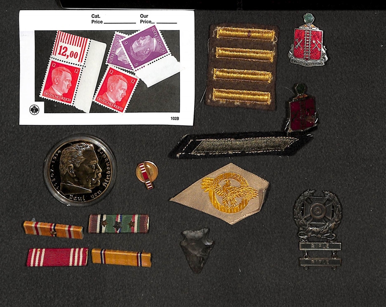 Lot of Old Military and War Related Medals, Badges, Pins, Stamps, (1) Coin, and (1) Arrowhead