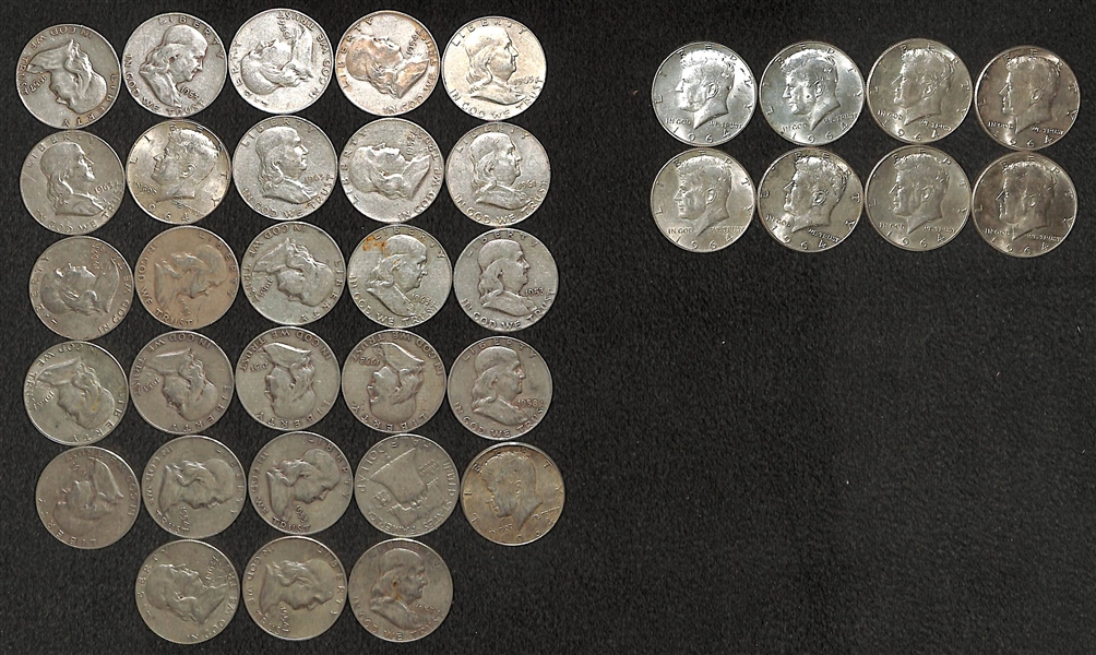 Lot of 28 Franklin Half Dollars & (8) John F. Kennedy Half Dollars - Silver