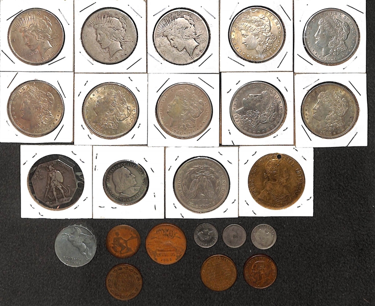 Lot of (8) Morgan Silver Dollars, (3) 1922 Peace Dollars, & (12) Additional Commemorative & Foreign Coins