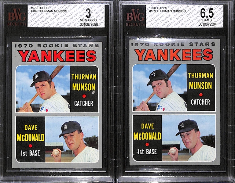 Lot of (2) 1970 Topps Thurmon Munson Rookie Cards Graded Beckett BVG 6.5 and BVG 3